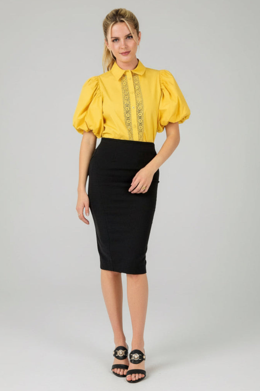 GOLDEN HOUR YELLOW PUFF SLEEVE CROCHET DETAILED BLOUSE