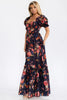 Floral puff sleeve maxi dress in black and pink