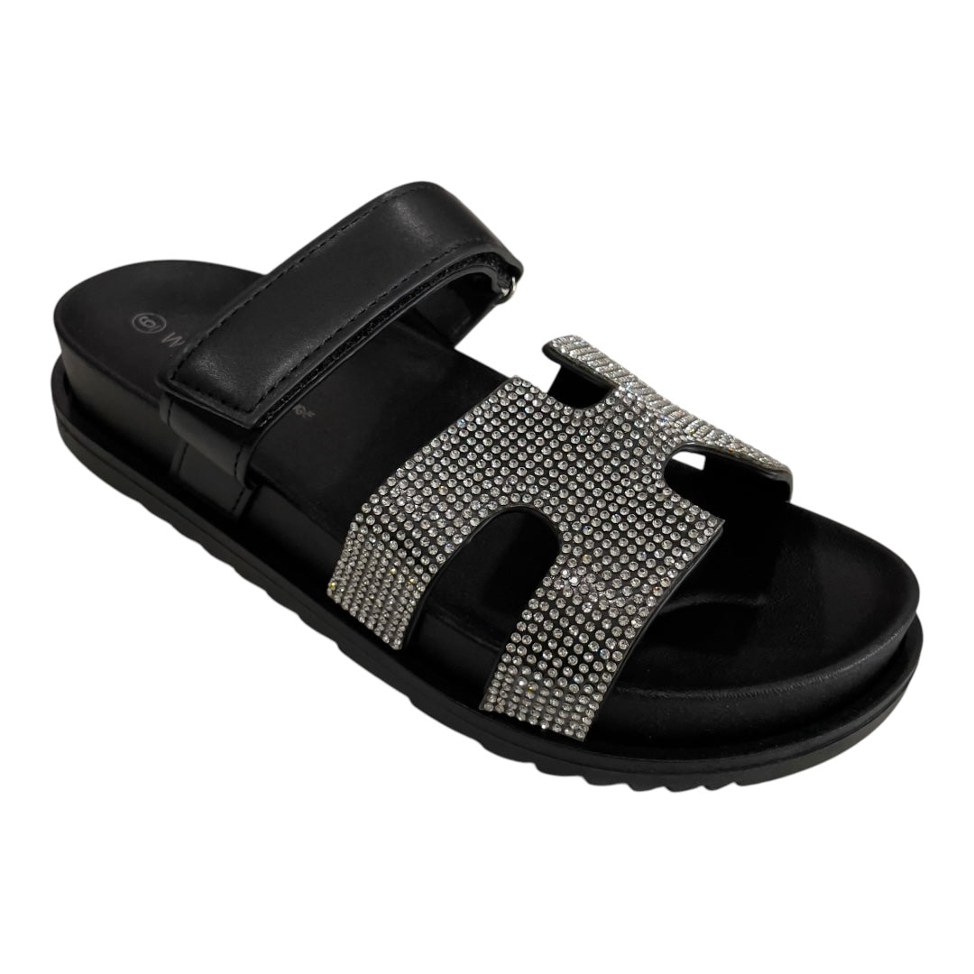 BLACK EMBELLISHED SLIP ON SLIDES