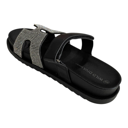 BLACK EMBELLISHED SLIP ON SLIDES
