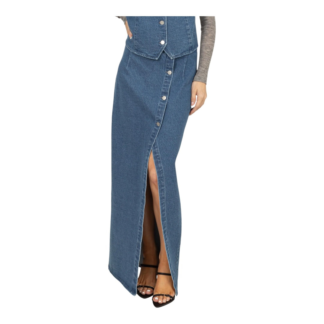 Long Dark Denim Button Front Skirt