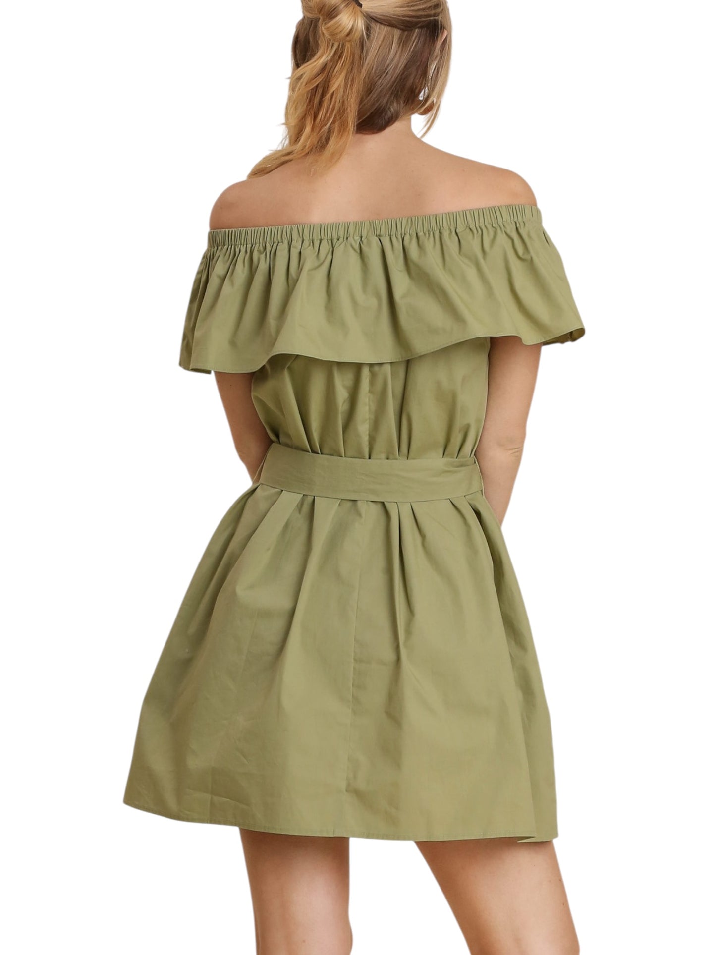 Ruffle Off Shoulder with Self Sash Dress