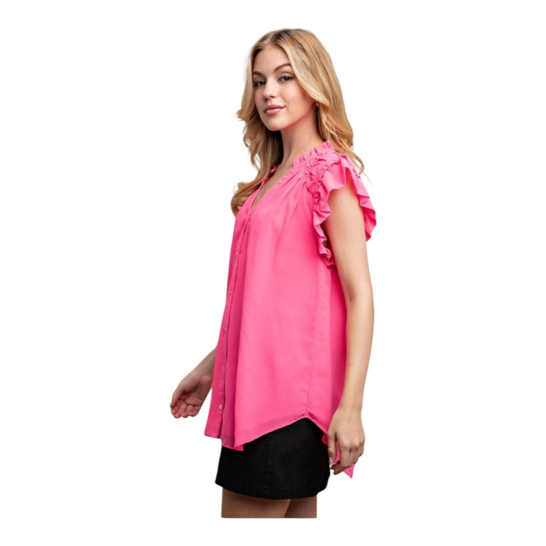 Chiffon Shirring Detail and Button Down Top