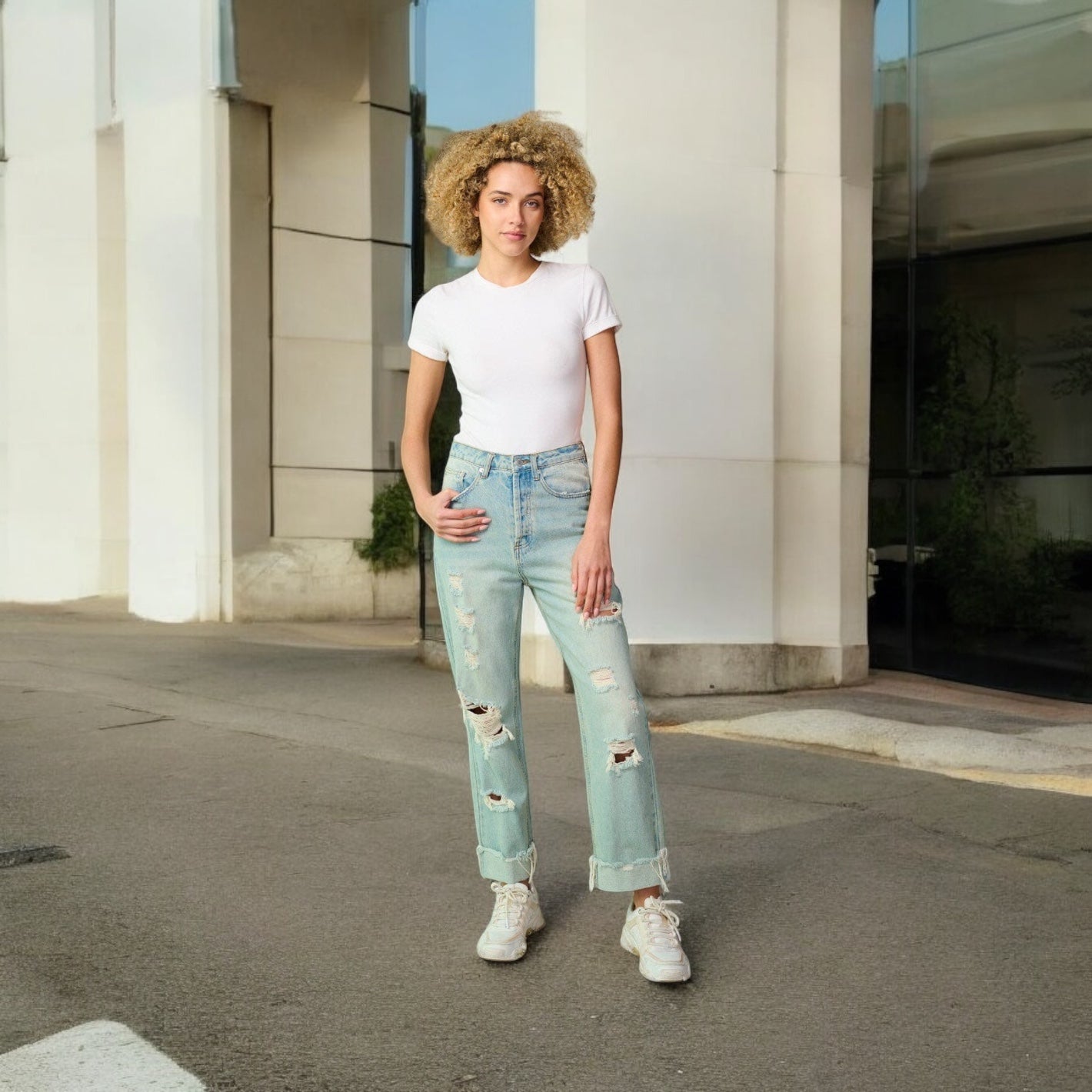 LT. BLUE BUTTON CLOSURE DISTRESS CUFF DENIM PANTS