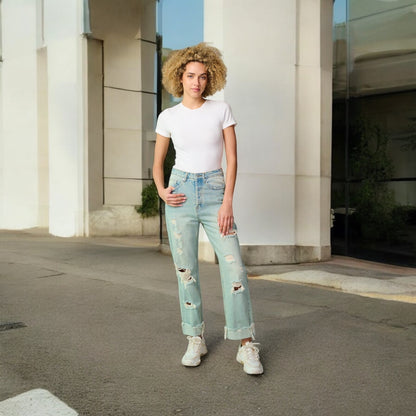 LT. BLUE BUTTON CLOSURE DISTRESS CUFF DENIM PANTS