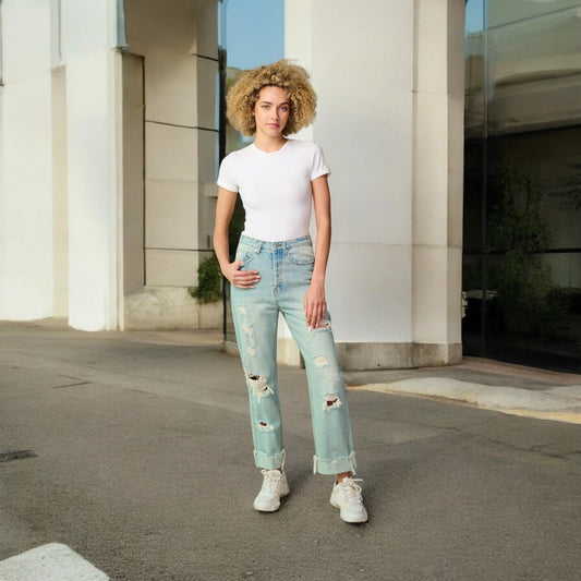 LT. BLUE BUTTON CLOSURE DISTRESS CUFF DENIM PANTS