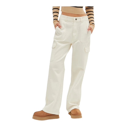 Cream High Waisted Wide Leg Cargo Pants