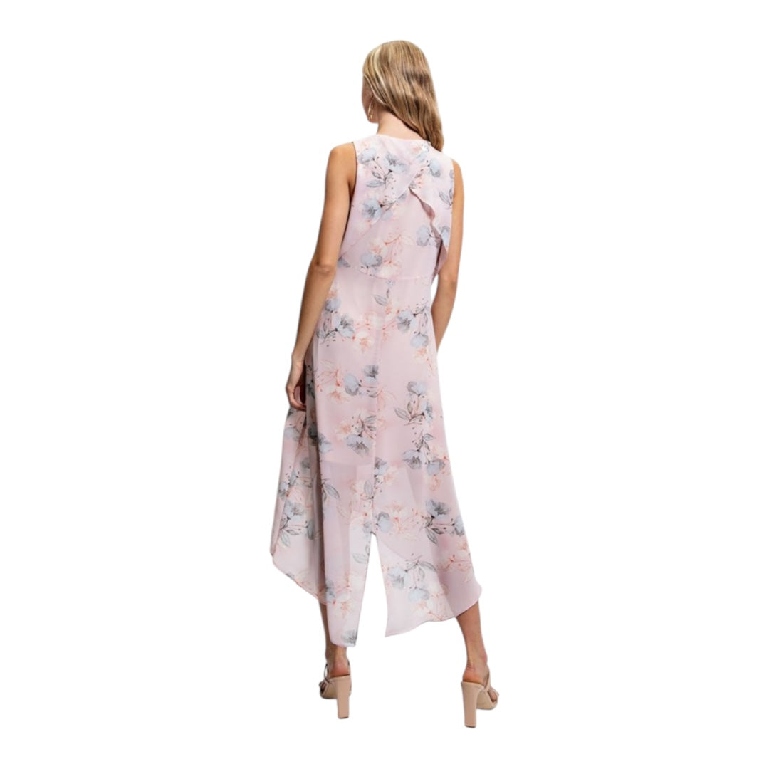 Pale Pink and Blue Floral Draped Tie Front Dress
