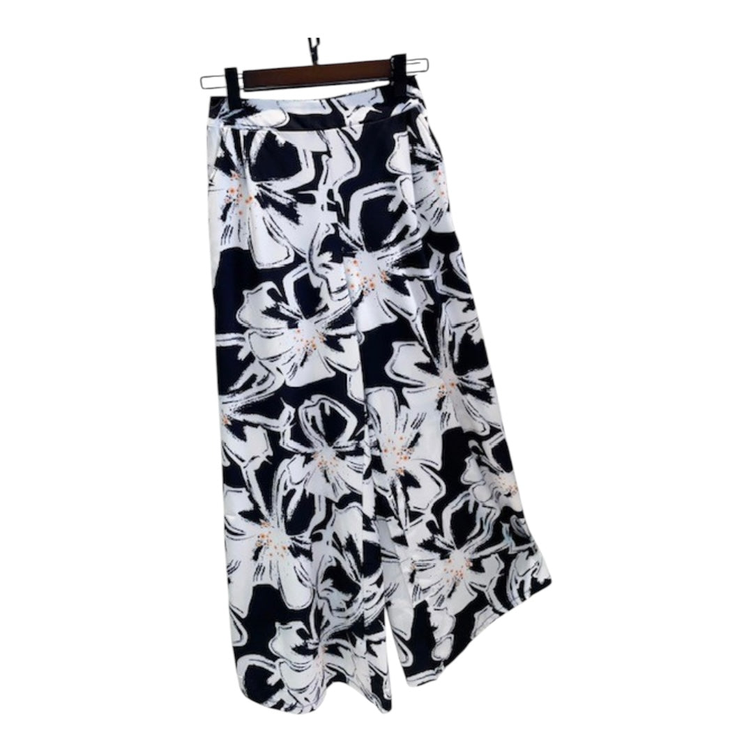 Black & White Elastic Waistband Wide Leg Floral Palazzo Pants
