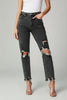 Charcoal gray washed distressed denim jeans with raw hem