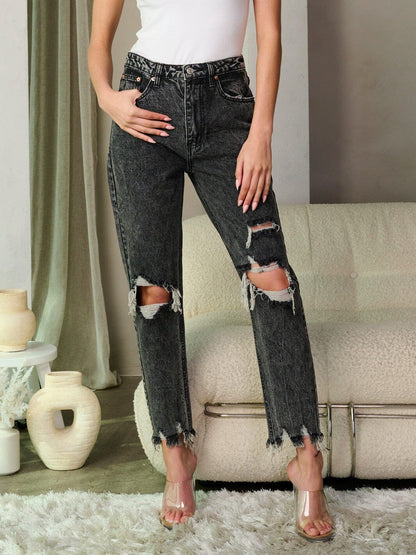 BLACK BUTTON CLOSURE DISTRESS WASHED DENIM PANTS