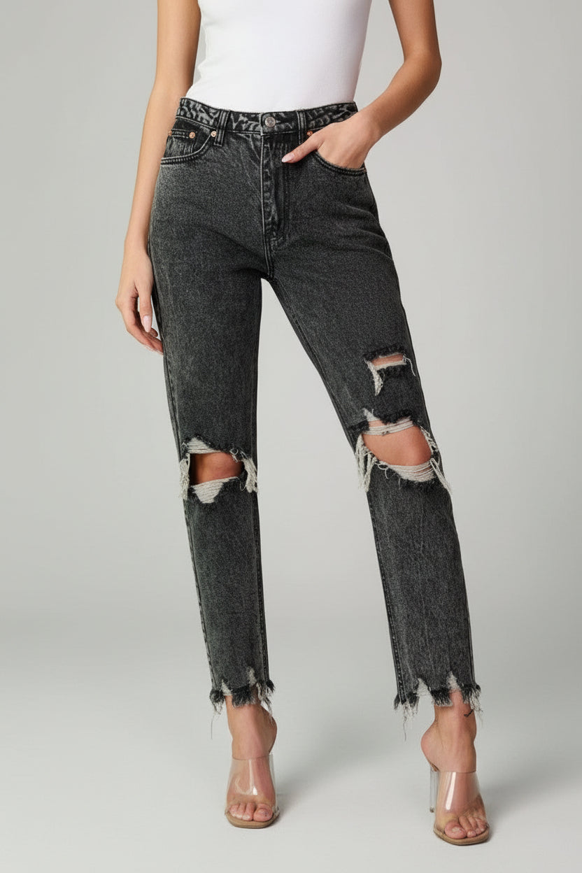 Charcoal Gray Washed High Waisted Distressed Raw Hem Denim Jeans
