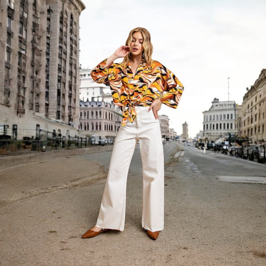 Abstract Print Tie Front Long Sleeve Blouse