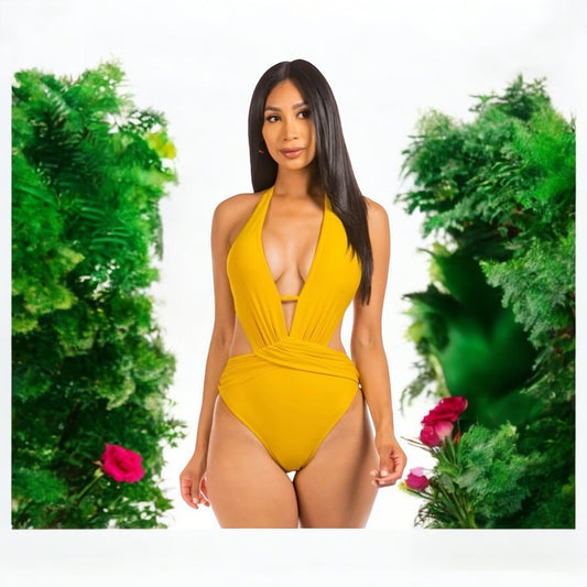 Solid Mustard Color One piece Halter One Piece Swimsuit