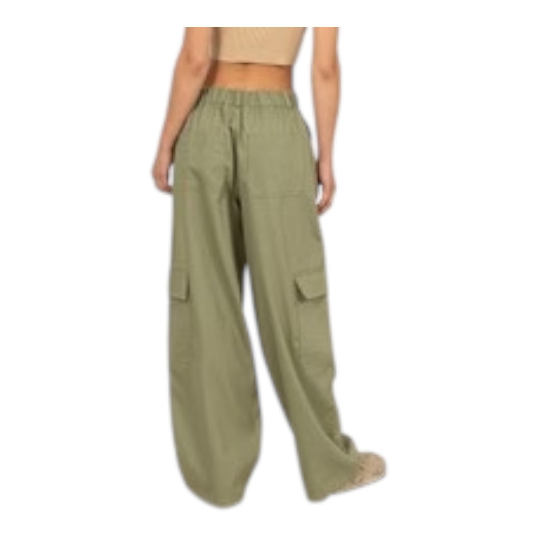 Olive Green Elastic Waist Wide - Leg Cargo Pants