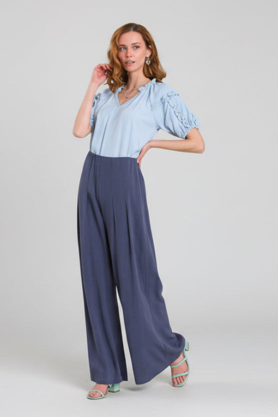 Wide leg linen-cotton pants with pin tucks