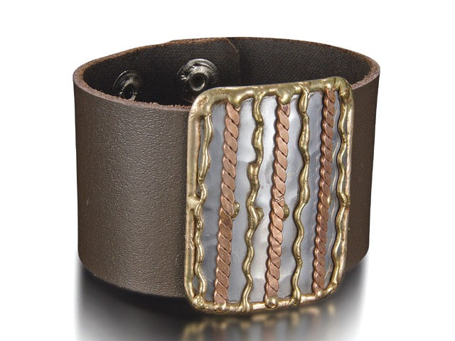 Handmade Genuine leather bracelet with Stripe mixed metals