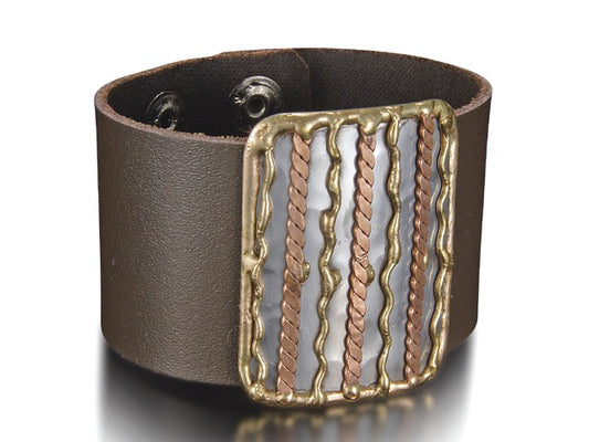 Handmade Genuine leather bracelet with Stripe mixed metals