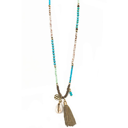 Handmade Sachi necklace with beads, metal disc, puka shell, metal tassels.