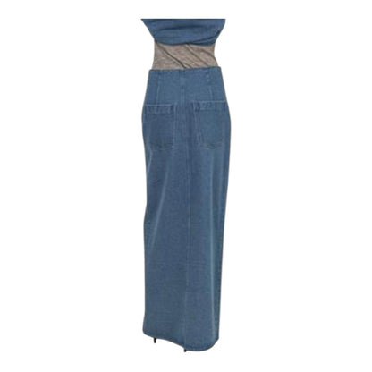 Long Dark Denim Button Front Skirt