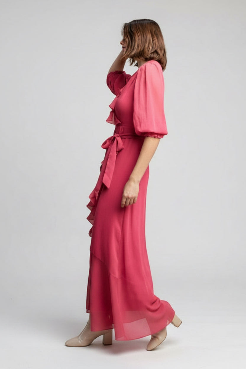 Tie-waist ruffle maxi dress