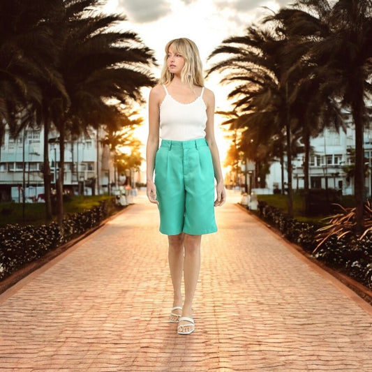 Sea Green Solid and Back Elastic Waist Bermuda Shorts