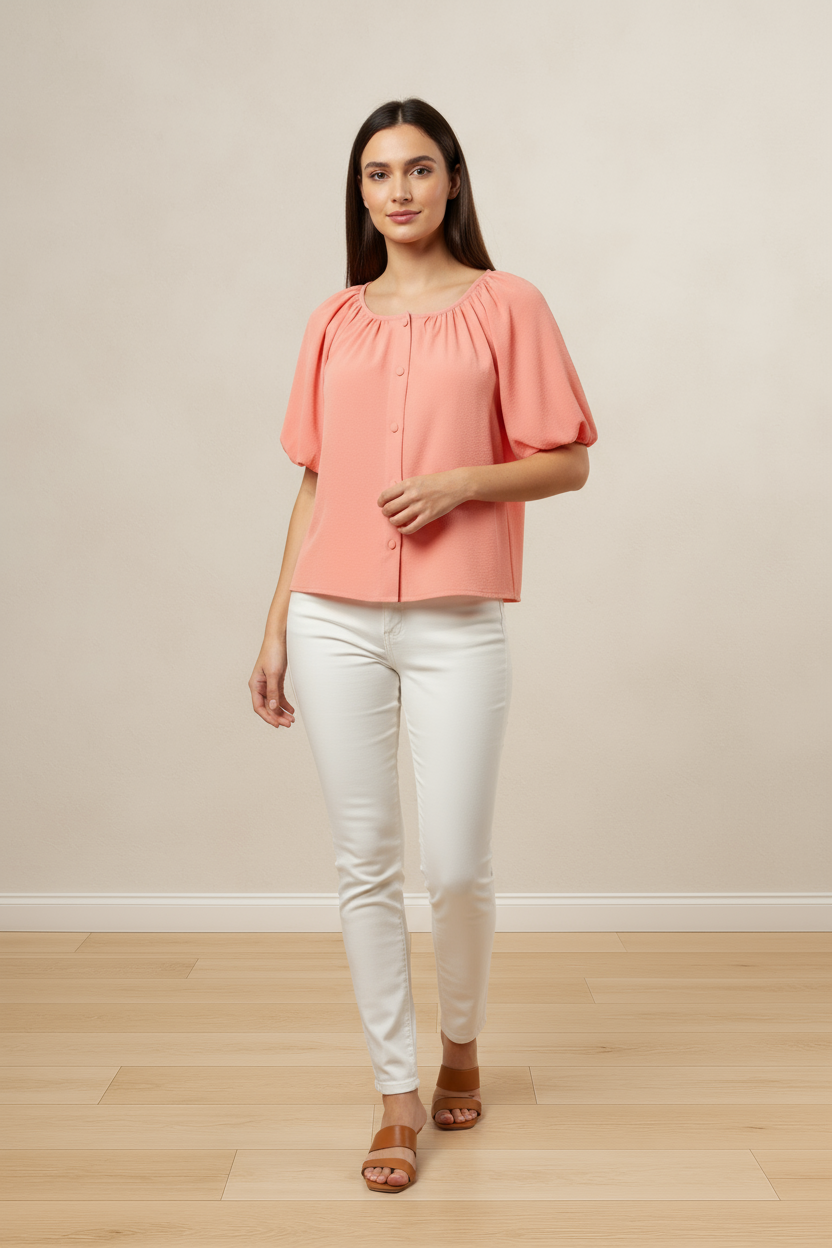 PEACHY MUSE SHORT PUFF SLEEVE BUTTON DOWN BLOUSE