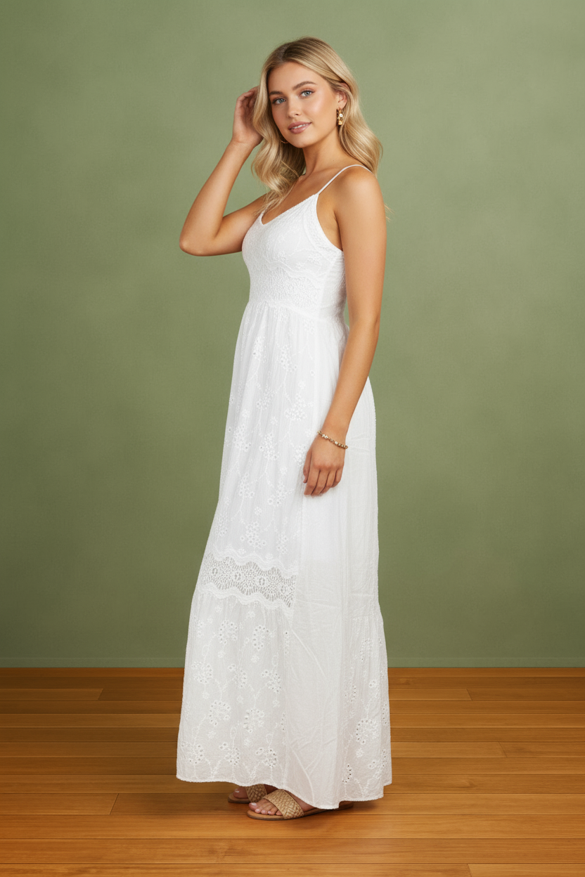White Strapped Long Eyelet Dress