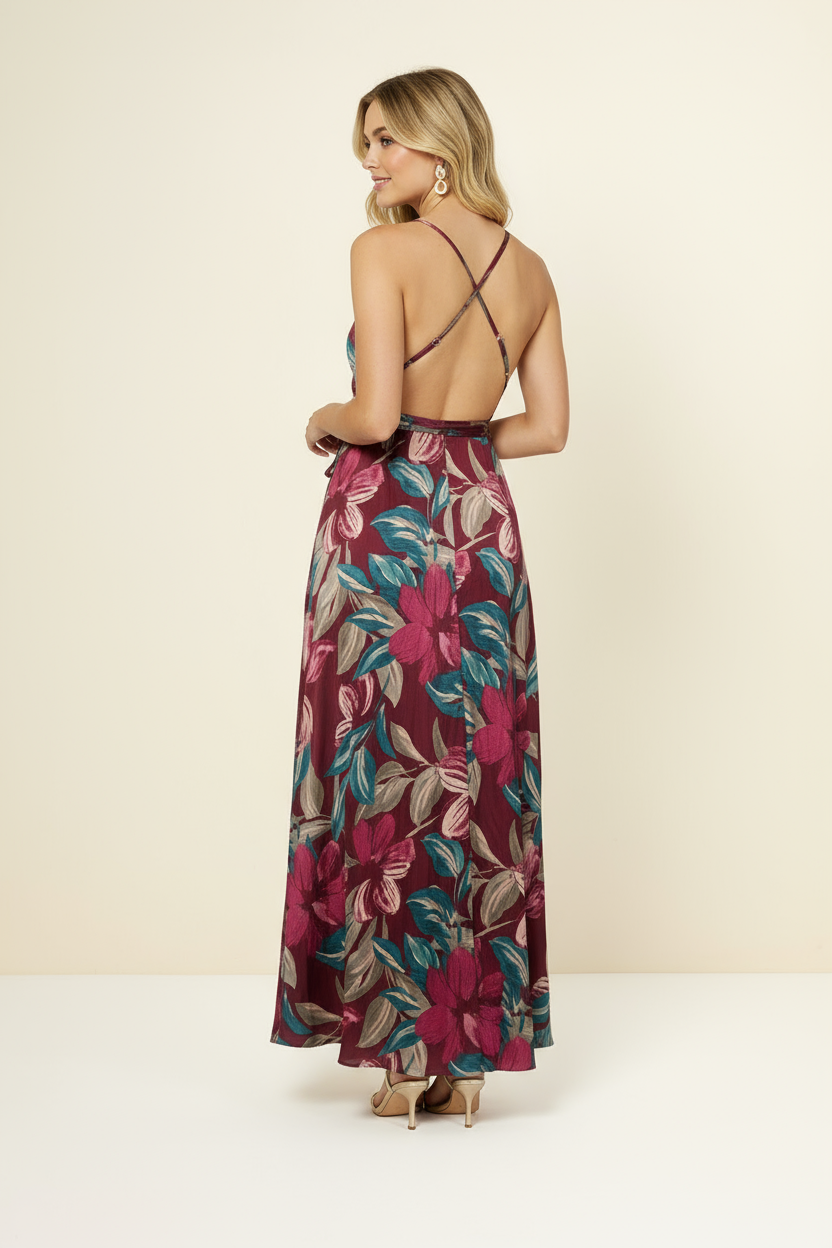 OPEN BACK FLORAL WRAP MAXI DRESS