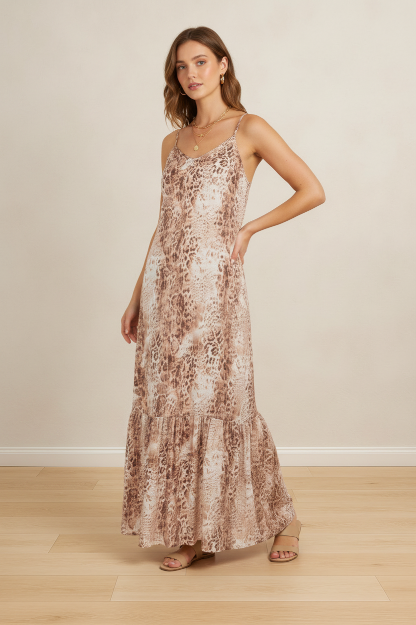 SNAKE PRINT ADJUSTABLE STRAP TIERED  MAXI DRESS