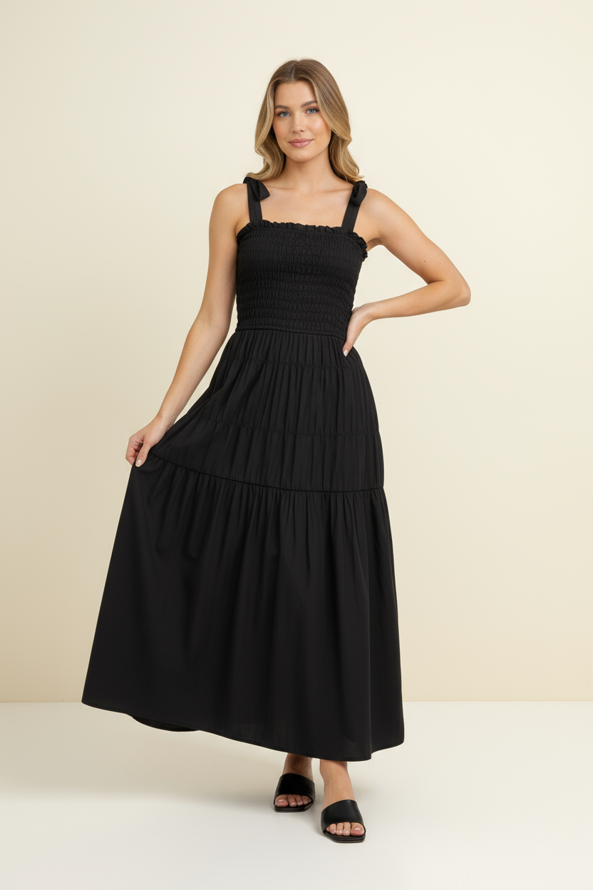 Smocked Maxi Dress with Shoulder Tie