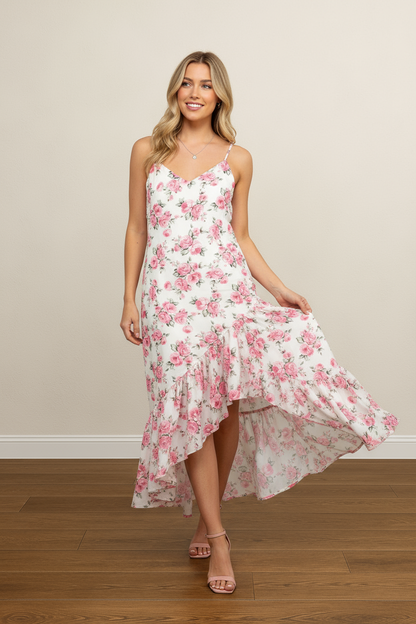 FLORAL RUFFLE HEM HIGH LOW MIDI DRESS