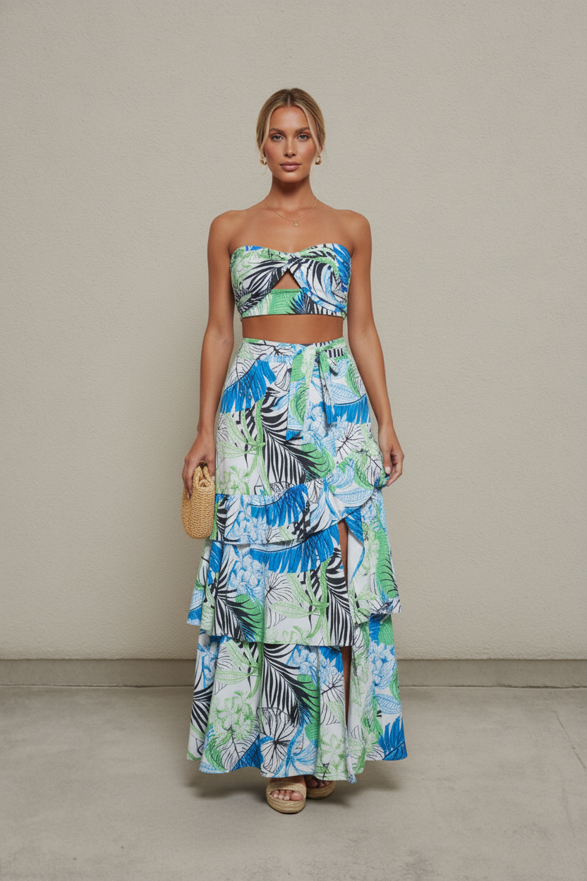 TROPICAL FOLIAGE CROP TOP & RUFFLE SKIRT 2 PC SET
