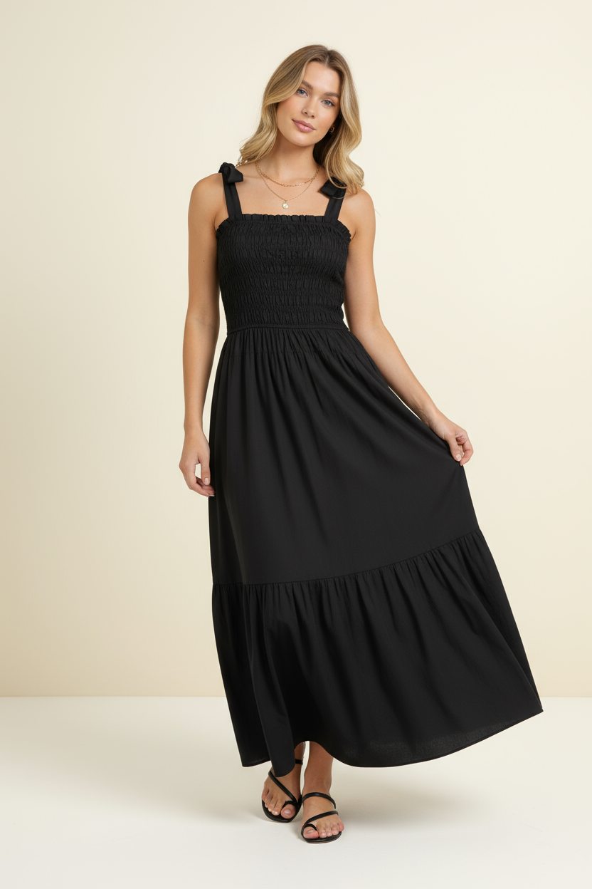 Smocked Maxi Dress with Shoulder Tie