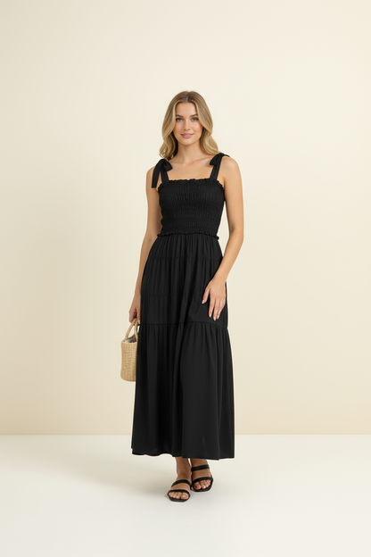 Smocked Maxi Dress with Shoulder Tie