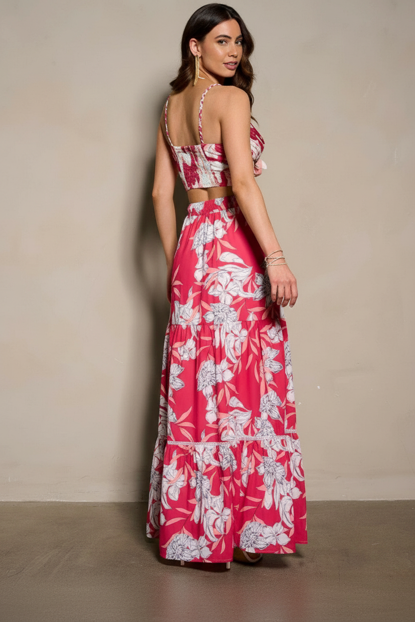 FLAMINGO BLOOM FLORAL CROP TOP MAXI SKIRT SET