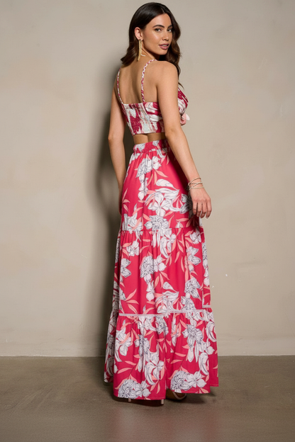 FLAMINGO BLOOM FLORAL CROP TOP MAXI SKIRT SET