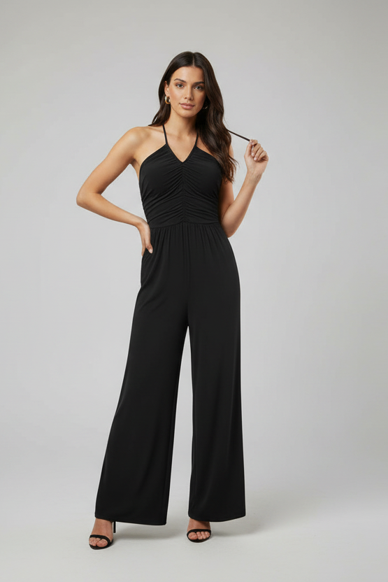 MIDNIGHT MUSE BLACK SMOCKED HALTER WIDE LEG JUMPSUIT