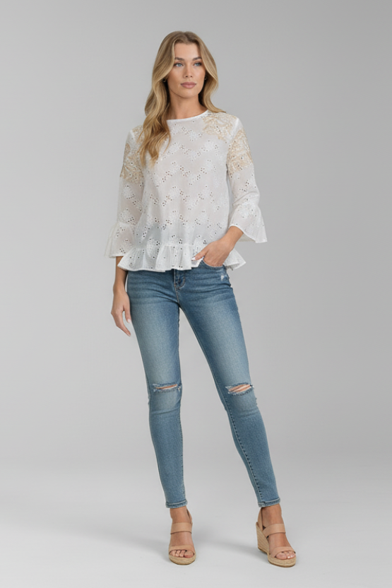 Sunlit Eyelet Embroidery Tiered Bell Sleeves Blouse