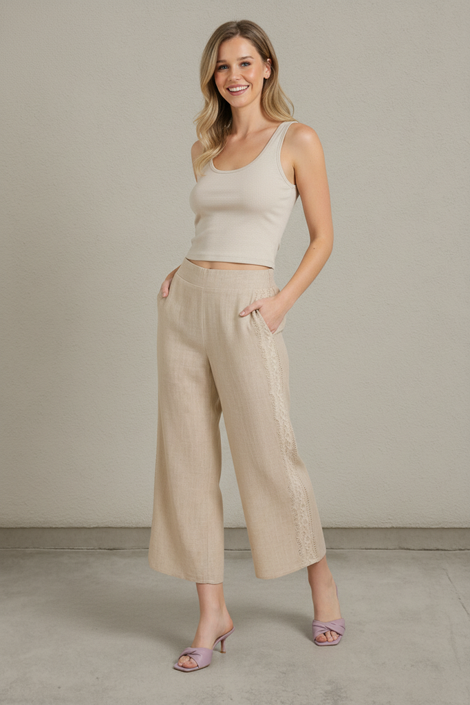 Linen blend elastic waist lace tape detail pants with pockets