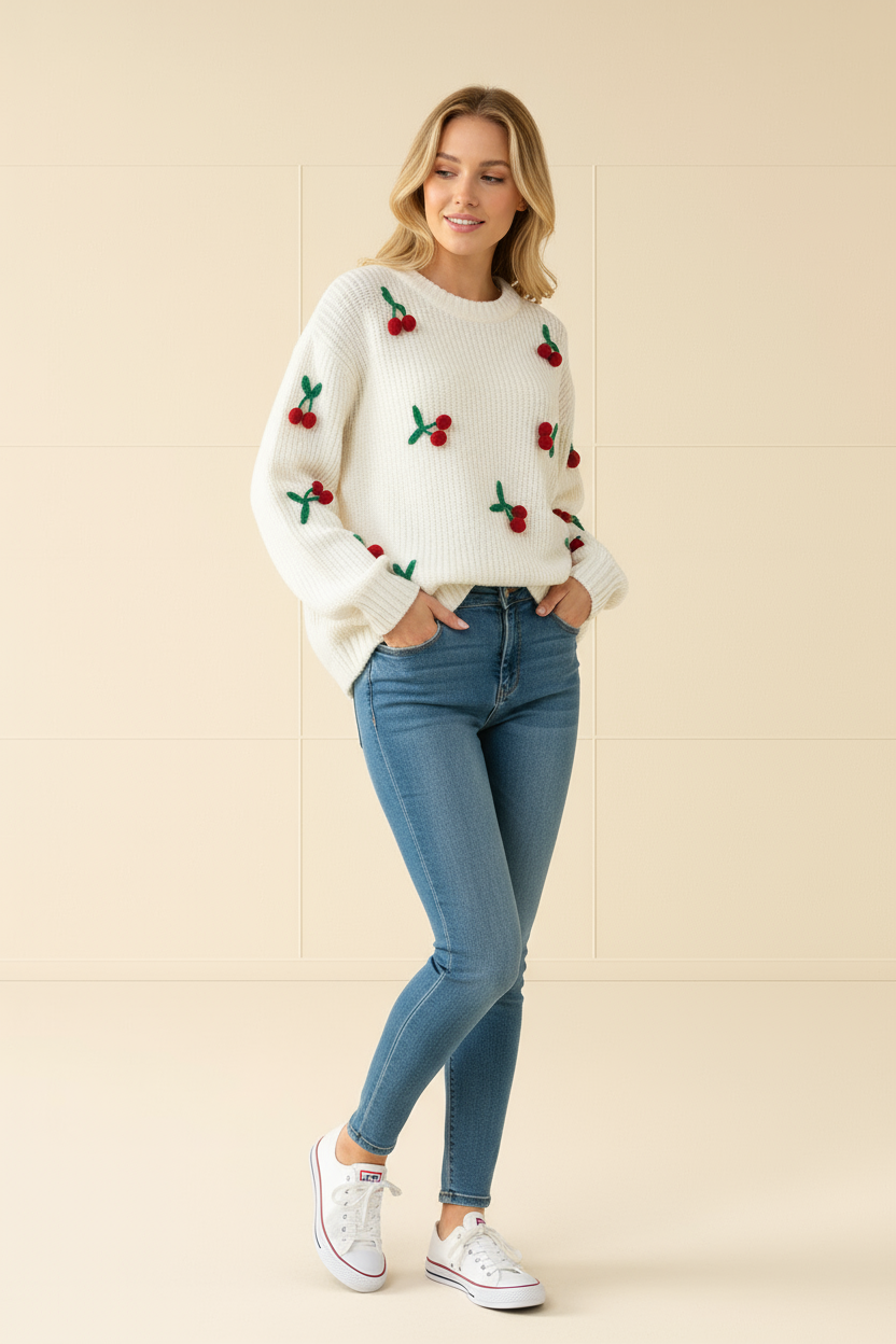 Cherry Bombshell 3D Knit Oversized Pullover Sweater
