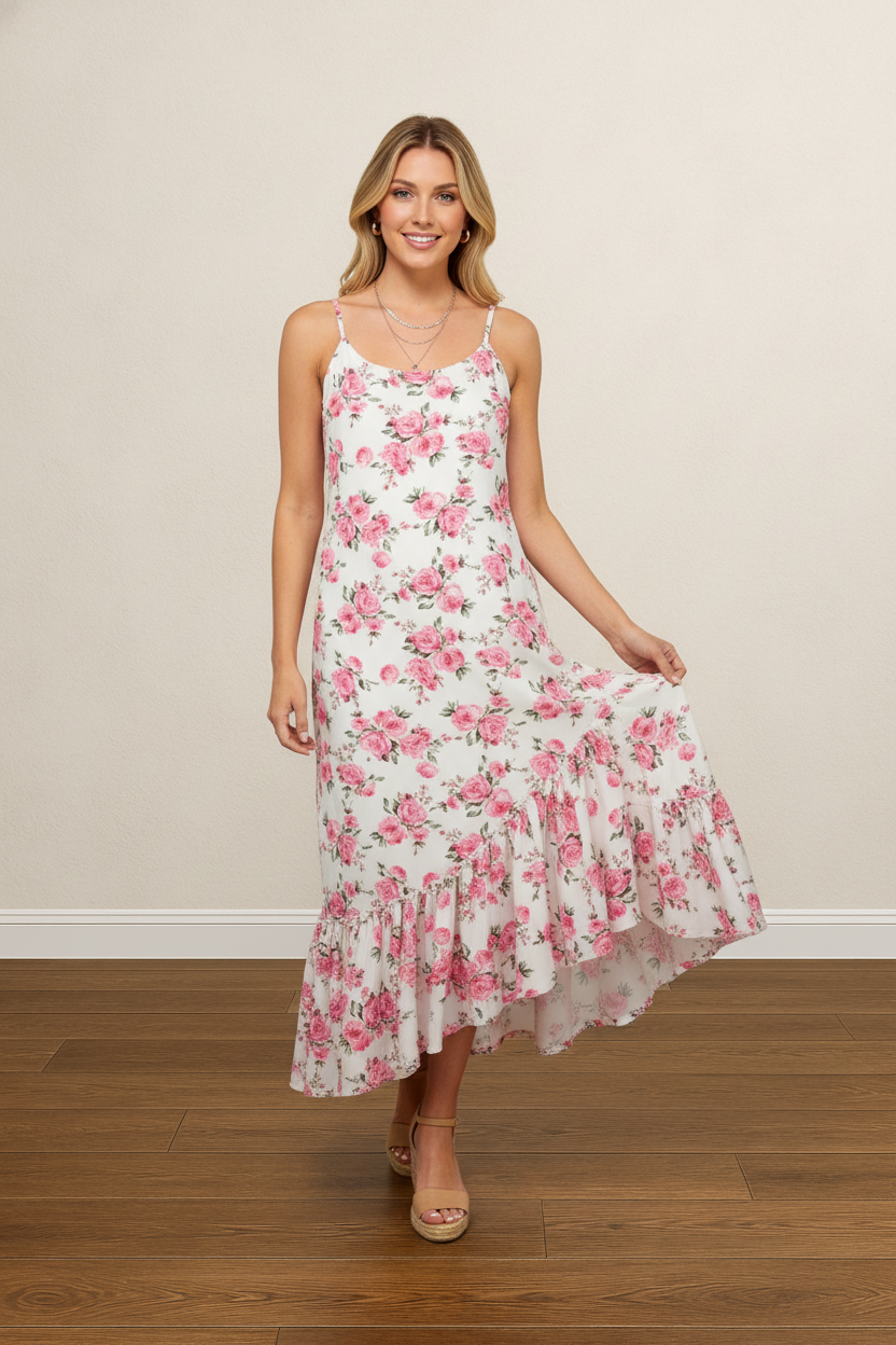 FLORAL RUFFLE HEM HIGH LOW MIDI DRESS