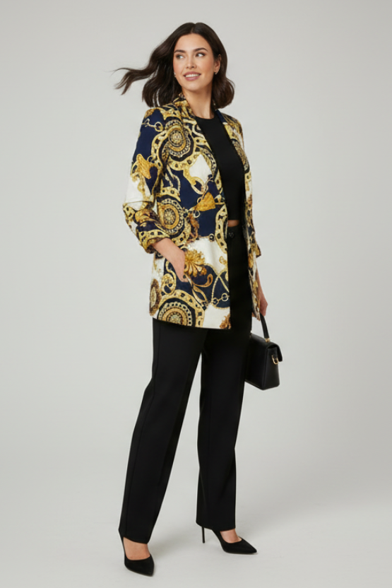 MEDUSA MODE LUXURY CHAIN PRINT RUCHED SLEEVES BLAZER