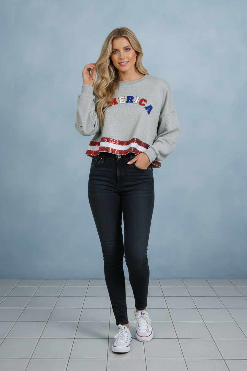 THE AMERICANA CREW LONG SLEEVE SEQUIN CROP PULLOVER SWEATER