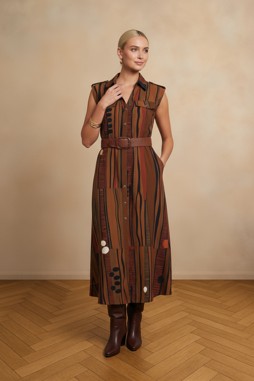 Rustic Rhythm Abstract Midi Dress