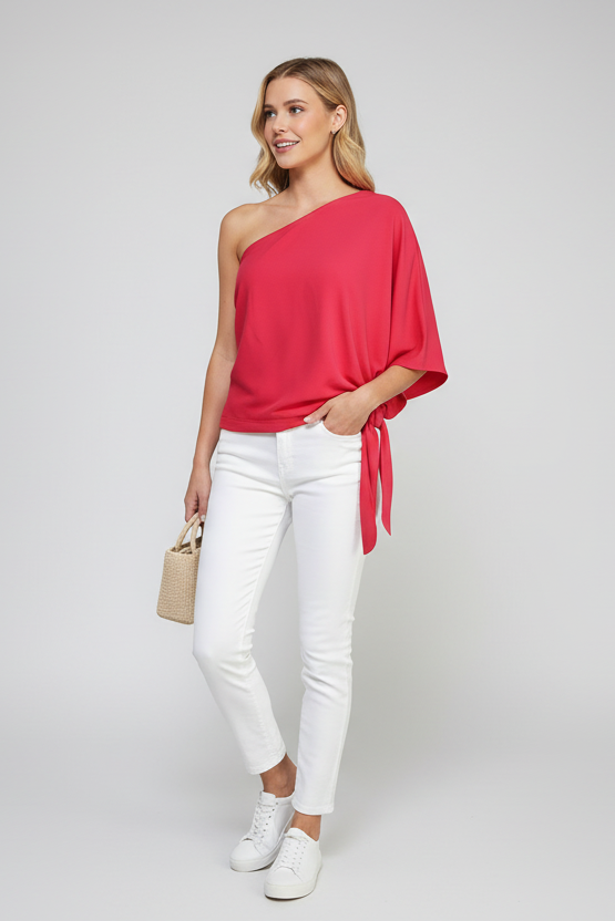 Fuchsia one-shoulder top with adjustable waist tie, front view