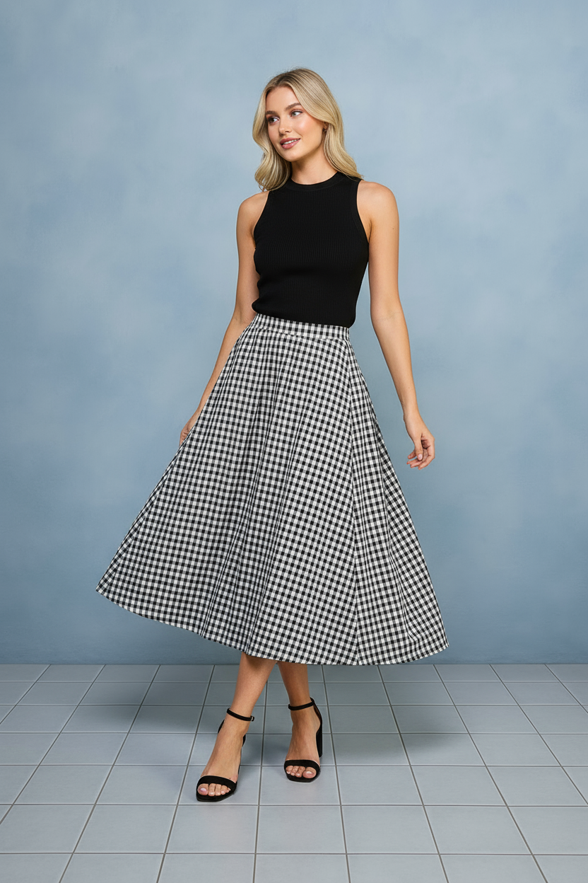 THE AUDREY GINGHAM CHECKED MIDI BLACK & WHITE SKIRT