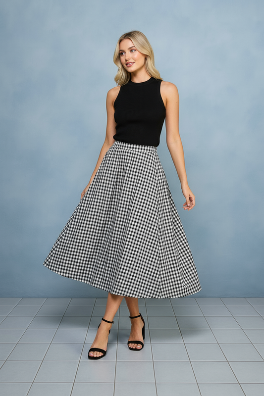 THE AUDREY GINGHAM CHECKED MIDI BLACK & WHITE SKIRT