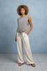 Tie-front tank top with modern stripe pattern, close-up