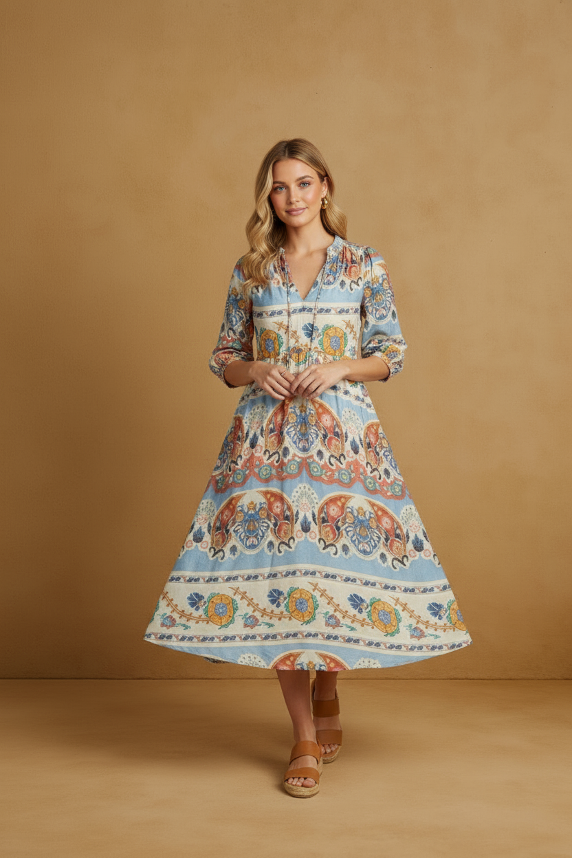 Blue Border Print Midi Dress
